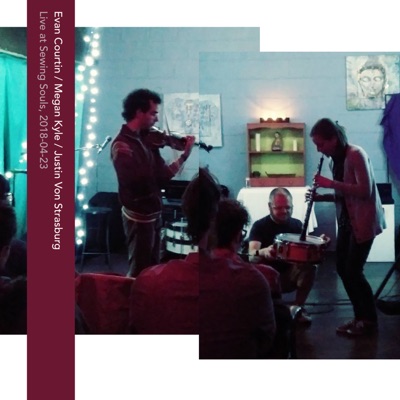 The album cover for Live at Sewing Souls, 2018-04-23. It is a collage image, from two photos, taken of me, Evan Courtin, and Megan Kyle playing our instruments in the playing area of Sewing Souls. The image has a focus on blues and maroon colors.