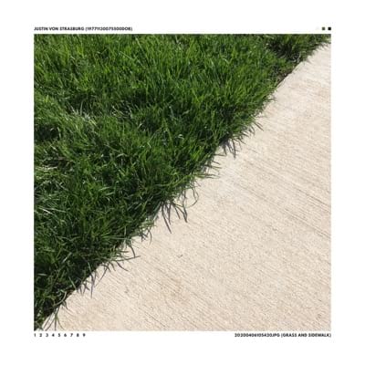 The album cover for 20200406105420JPG (GRASS AND SIDEWALK). It is a photo of vibrant green grass and a sidewalk. The grass is in the upper lefthand corner with the sidewalk in the bottom right hand corner with the separation running down the middle at a diagonal. Surrounding this is the album and artist title set against a white background and the image centered in the middle.
