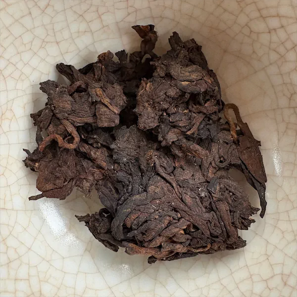 black, dark brown and tan leaves in a white porcelain gaiwan