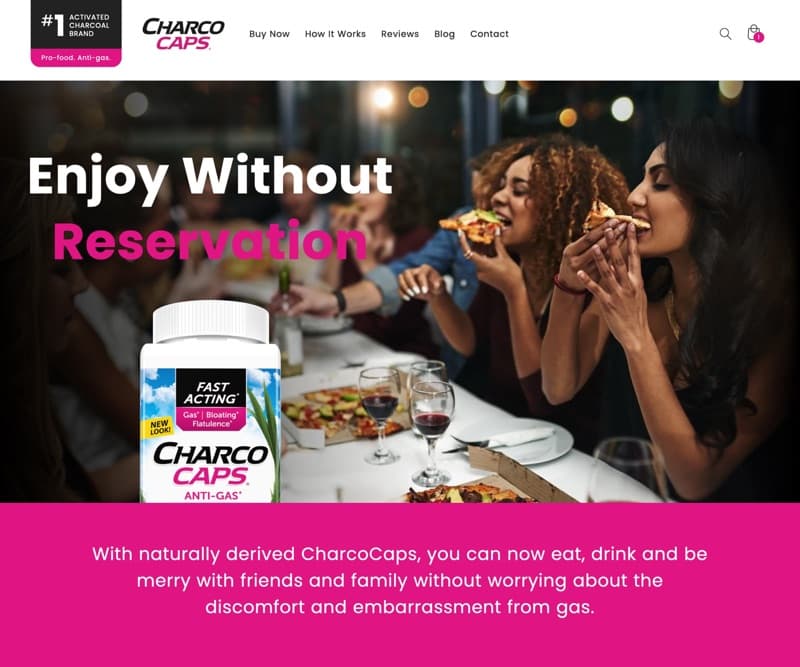 screen shot of the CharcoCaps website home page