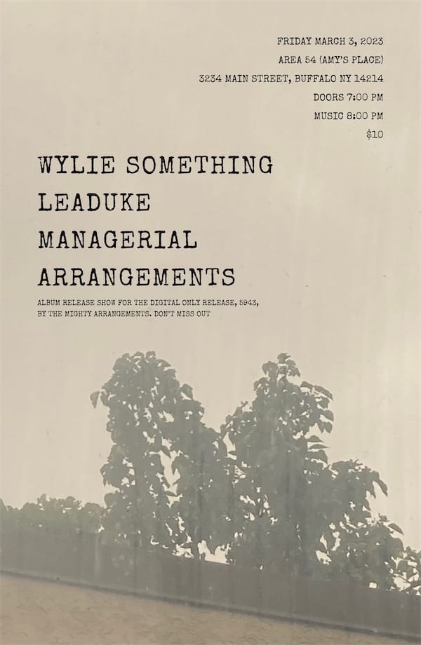 poster design for a show that happened on 2023-03-03 featuring Wylie Something, Leaduke, Arrangements, Managerial