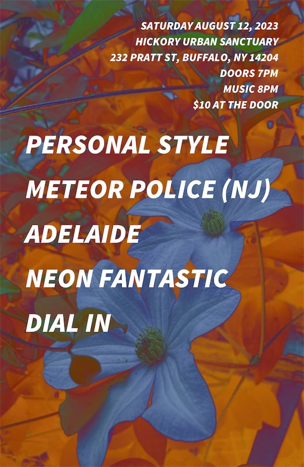 poster design for a show that happened on 2023-08-12 featuring Personal Style, Meteor Police, dial in, Neon Fantastic